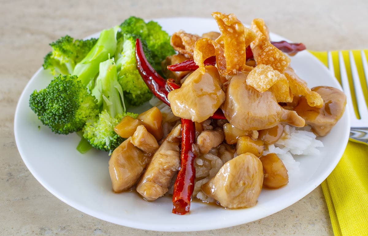 Sauteed General's Chicken on a plate with broccoli
