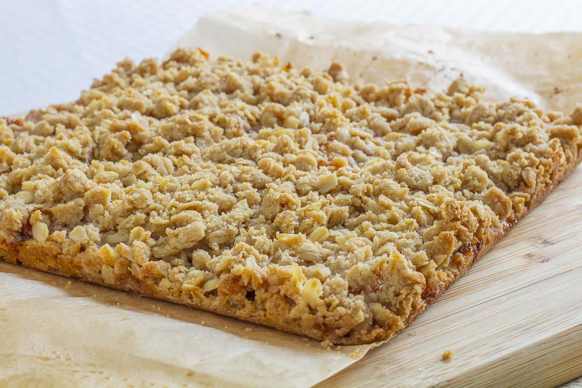 Peach Crumb bars removed from the pan