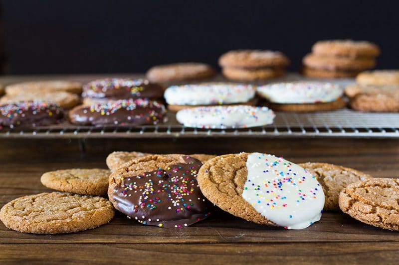 Close-up shot of decorated Molasses Cookies on a wire rack