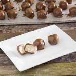 Chocolate Dipped Coconut Pecan Balls on white plate