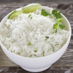 Closeup Cilantro Lime Rice in White Bowl