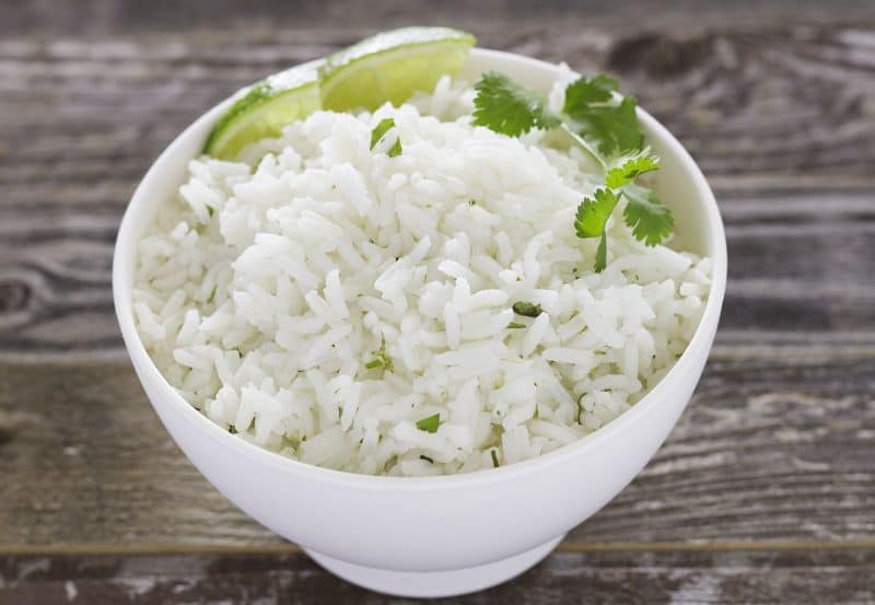 Closeup Cilantro Lime Rice in White Bowl