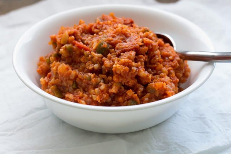 Mexican Riced Cauliflower in White Bowl