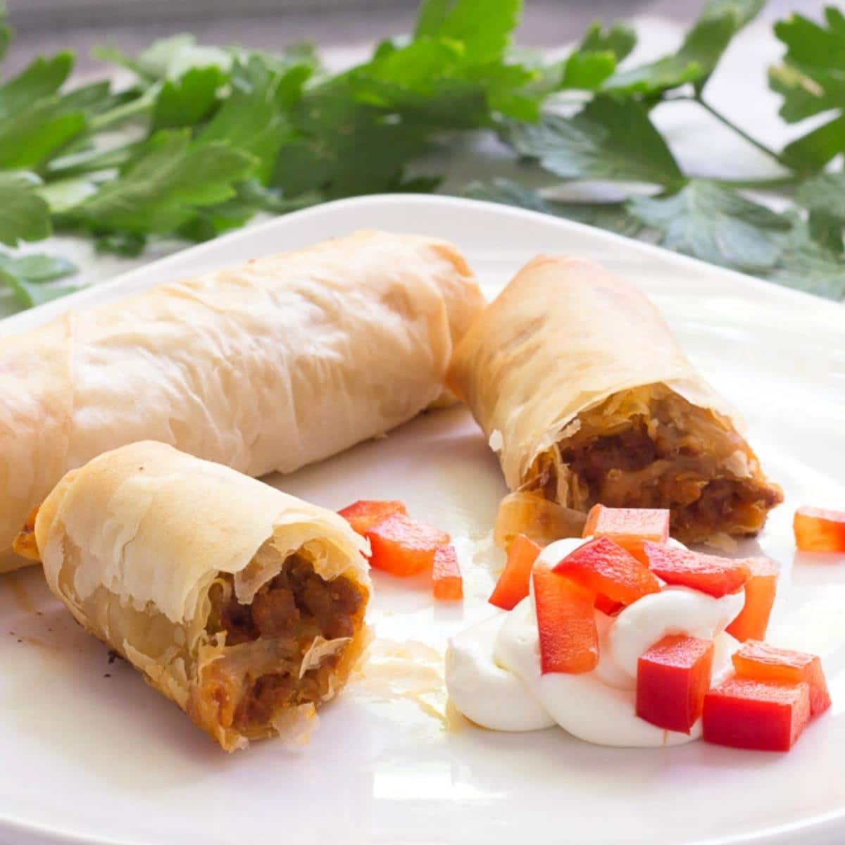 phyllo dough filled with Cuban beef on a plate with sour cream and red peppers