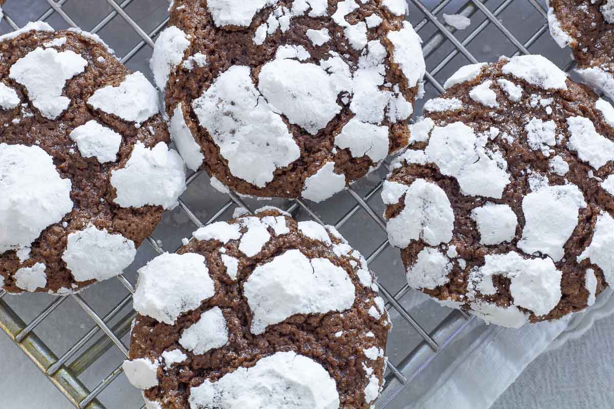 Chocolate Crinkle Cookies on a wire rack