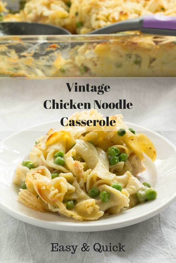 Vintage Chicken Noodle Casserole Recipe. Creamy baked casserole topped with potato chips, like vintage tuna casserole but better! Perfect for weeknight dinner fast. Makes some tonight! #recipe #casserole #chicken #easy