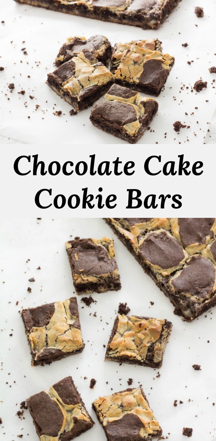 Easy recipe for Chocolate Cake Cookie Bars with a chewy white chocolate layer. Make some tonight!