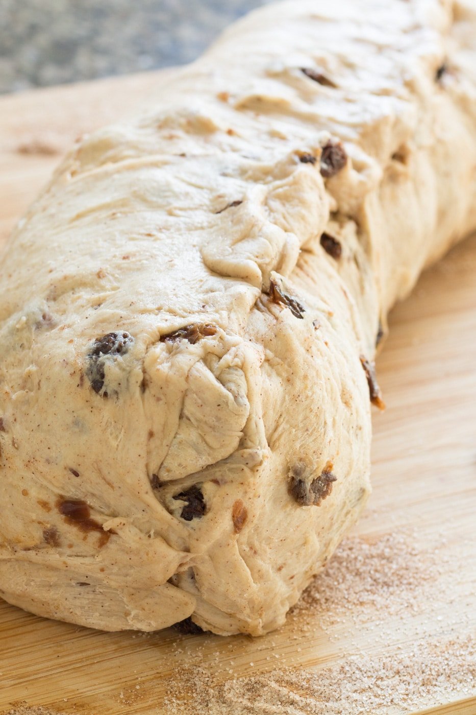 rolled bread dough with raisins