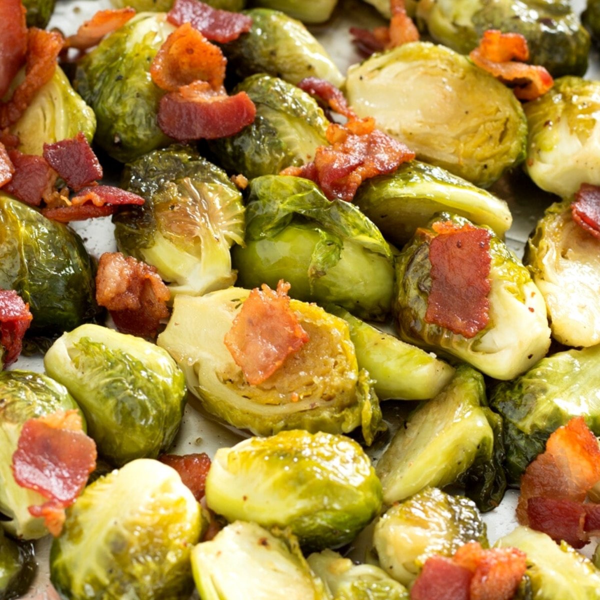 Brussels sprouts topped with bacon pieces