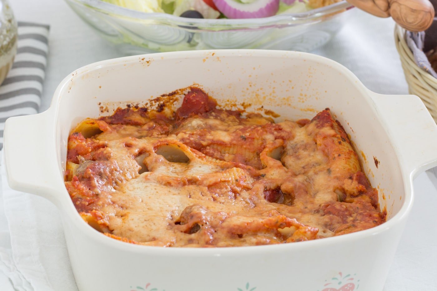 Small baking dish filled with baked pasta shells
