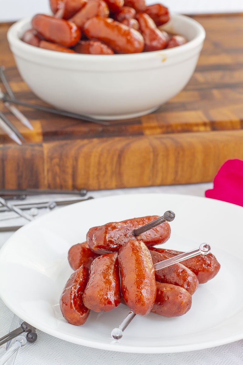 BBQ Smokies on toothpicks and in a bowl
