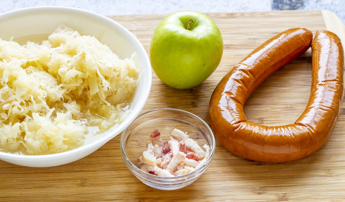Sauerkraut, green apple, kielbasa, and bacon pieces 