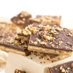Toffee Cracker Candy stacked on a block