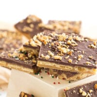 Toffee Cracker Candy stacked on a block