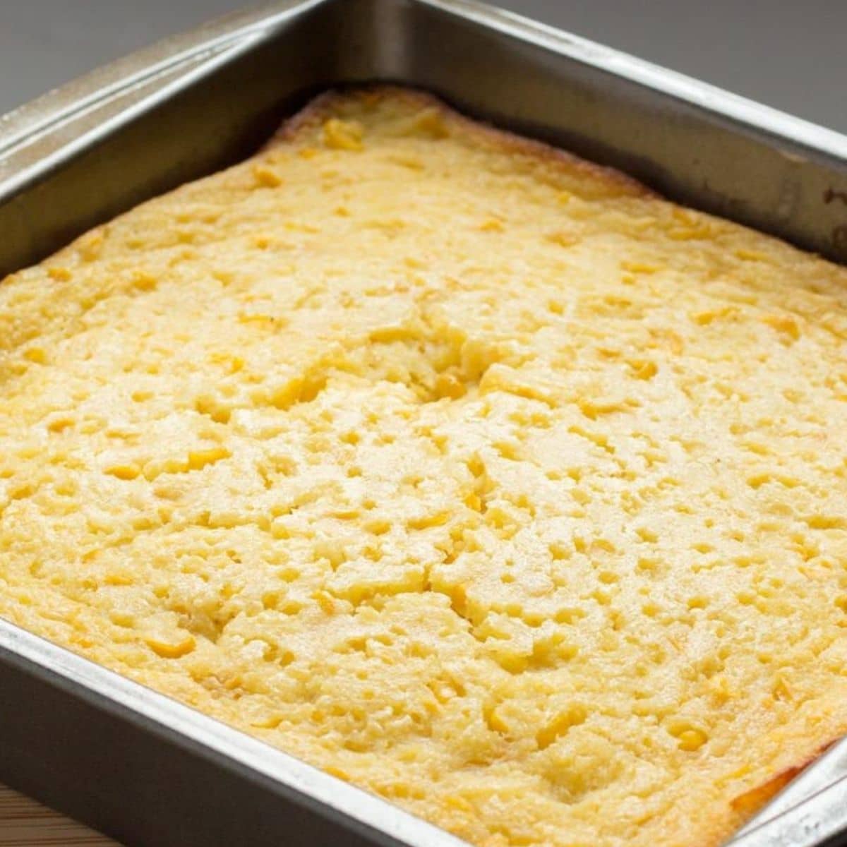 Jiffy Corn Casserole in a pan