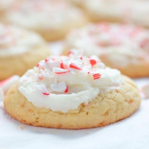 peppermint sugar cookie topped with mint buttercream and crushed candy canes
