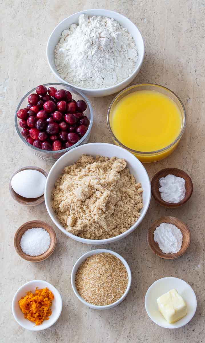 Ingredients for Cranberry Orange bread in bowls