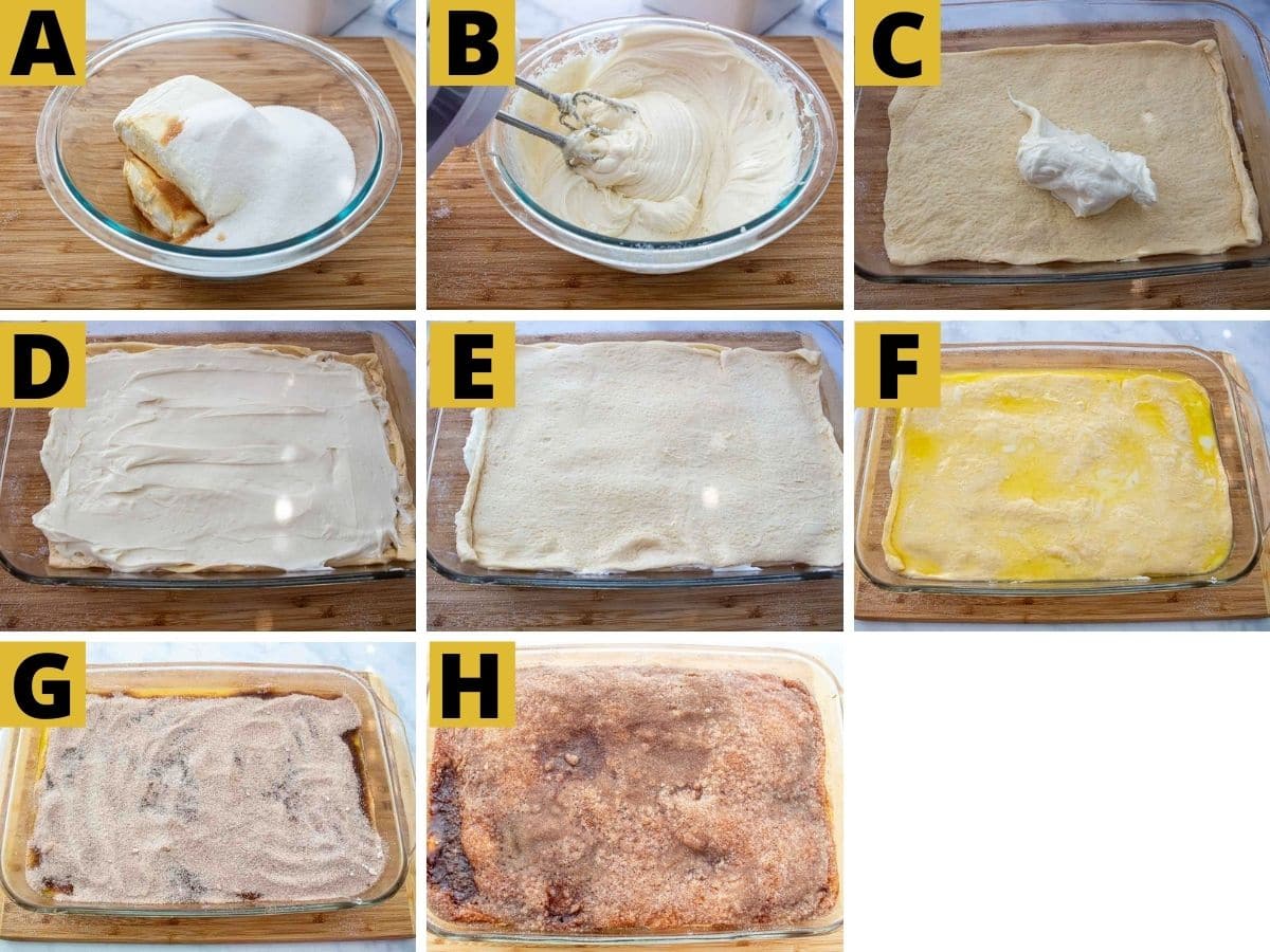 Collage of steps to make cinnamon sugar covered cheesecake bars 