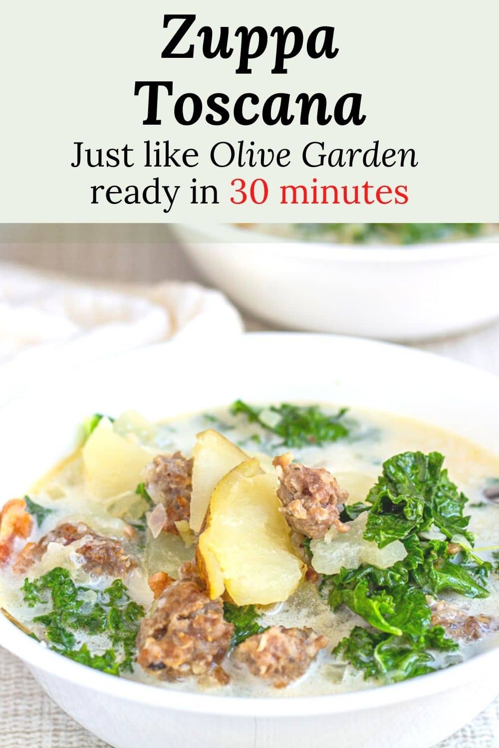 Creamy sausage kale and potato soup ready in about 30 minutes