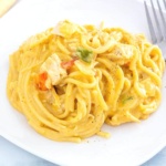 Instant Pot Chicken Spaghetti on a white plate
