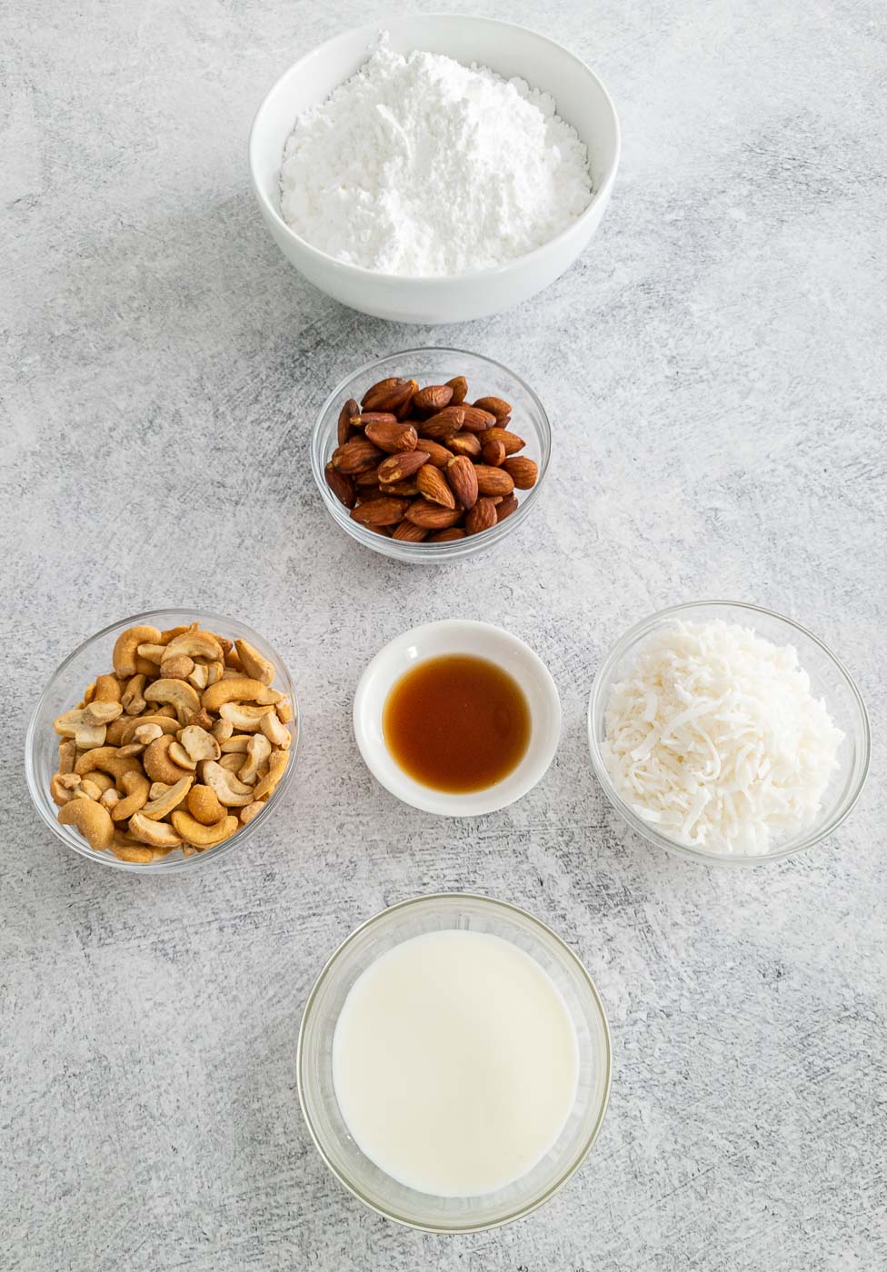 Almonds, cashews, vanilla, coconut flakes, and milk in bowls