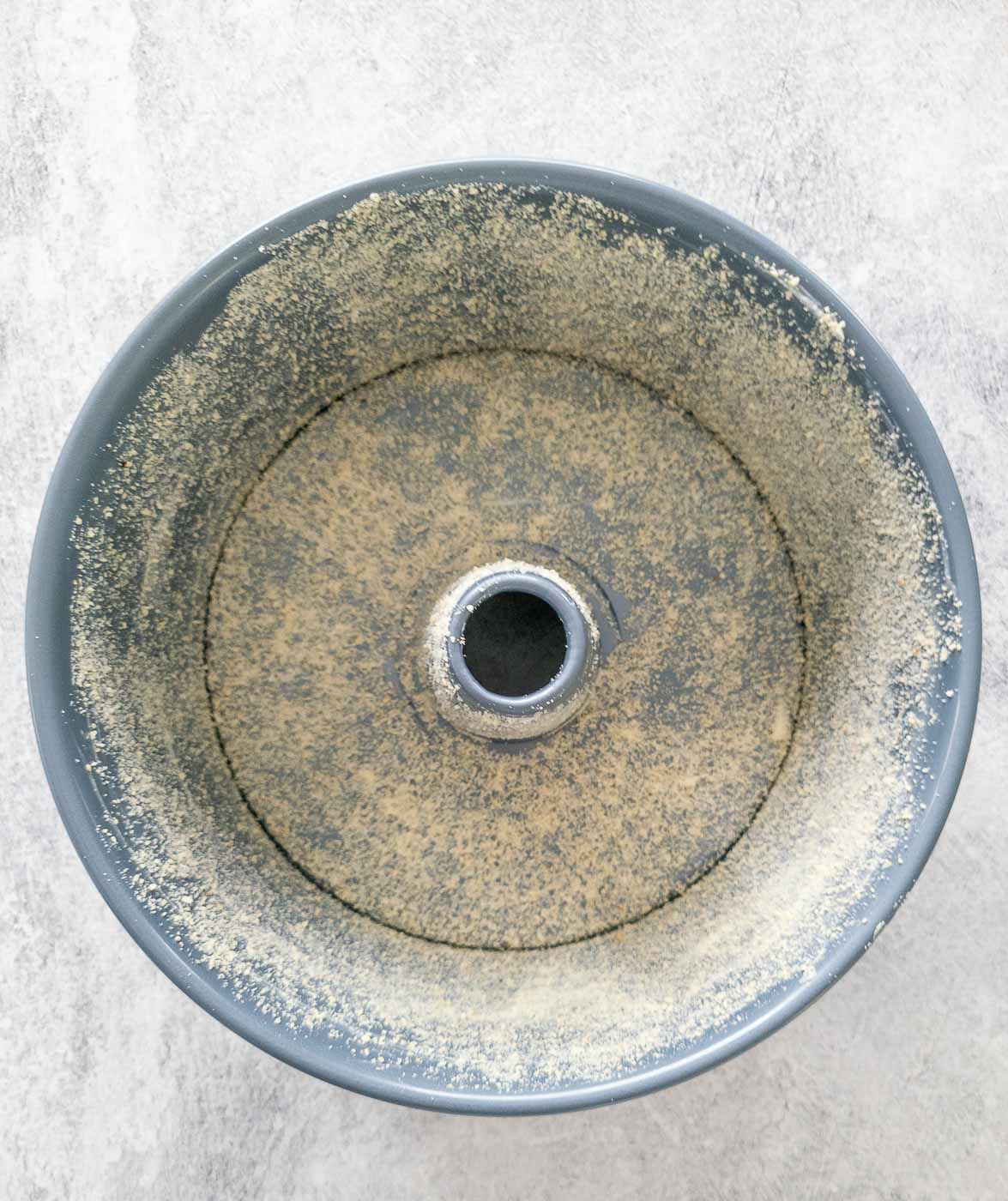 Tube pan coated with shortening and almond flour.