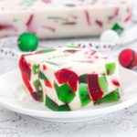 Red and green broken glass jello on a plate