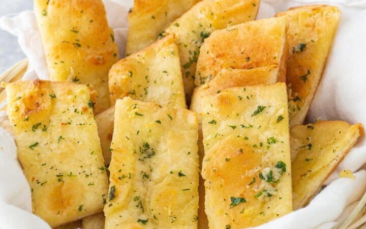 Garlic Flatbread strips in a bread basket