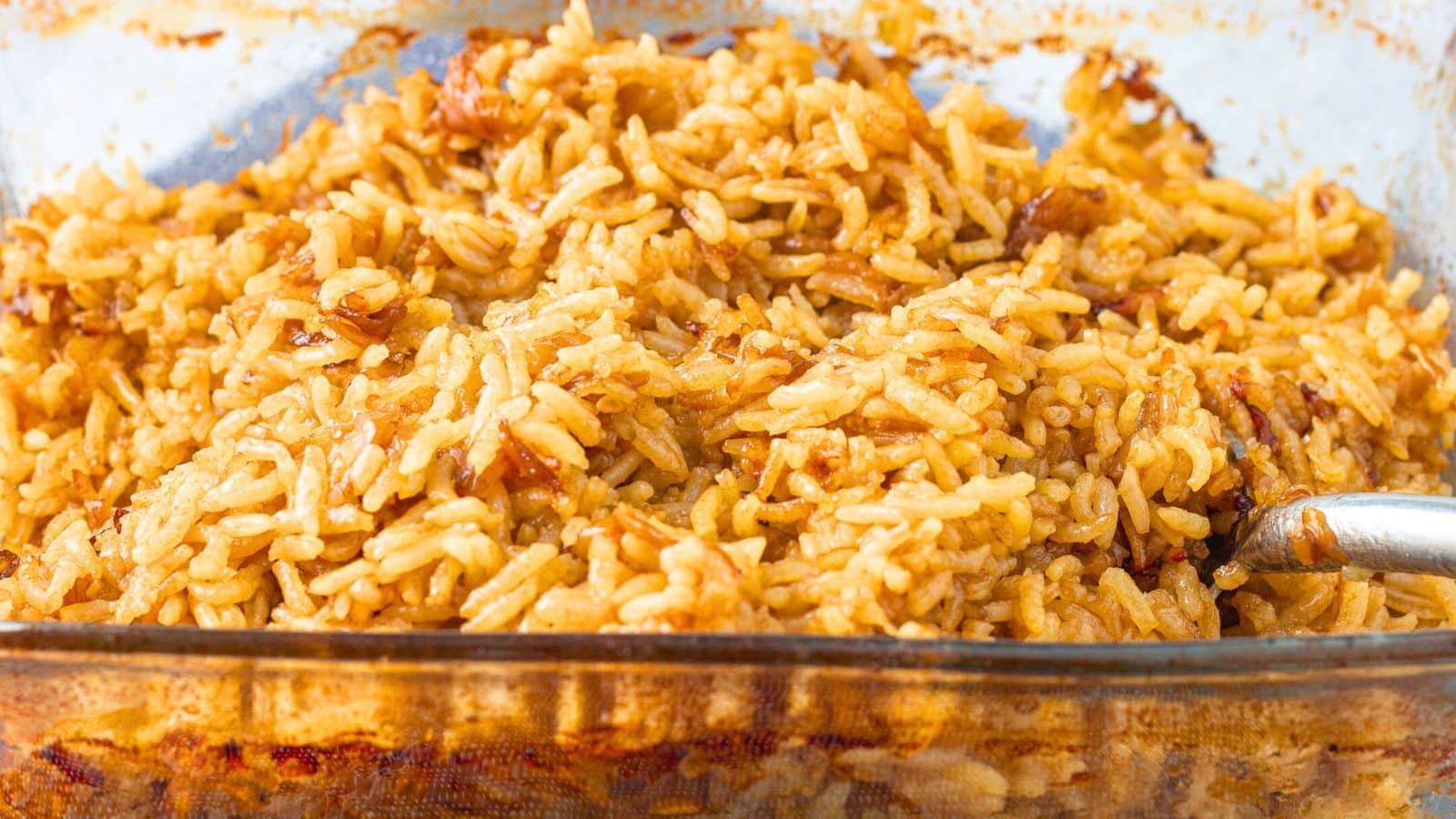 Baked rice in a glass pan