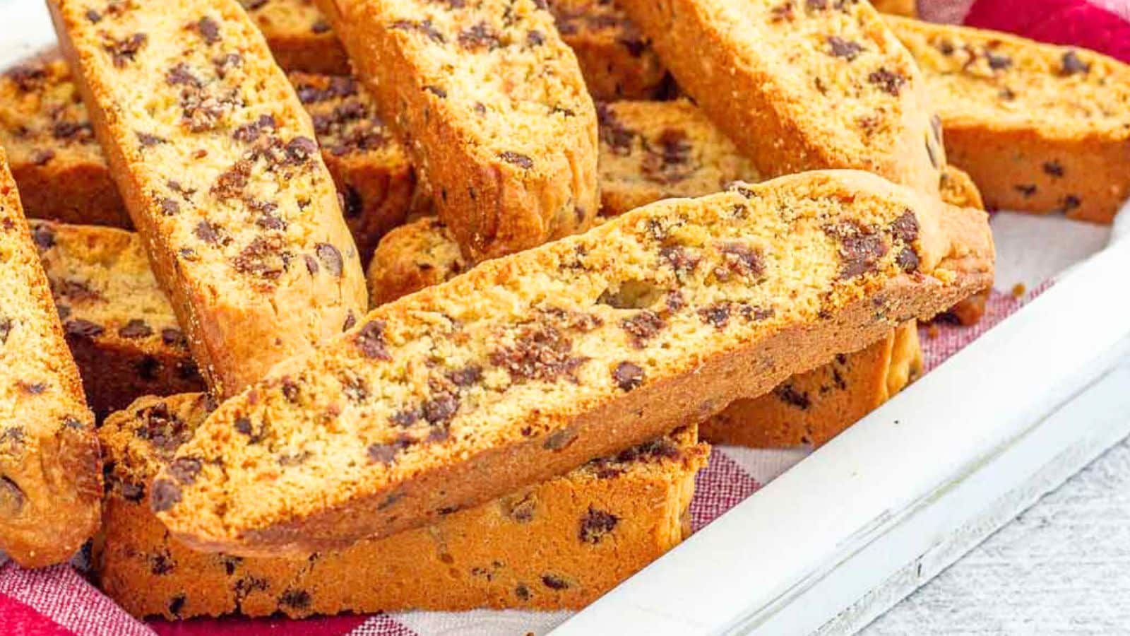 Chocolate Chip Biscotti stacked on a plate