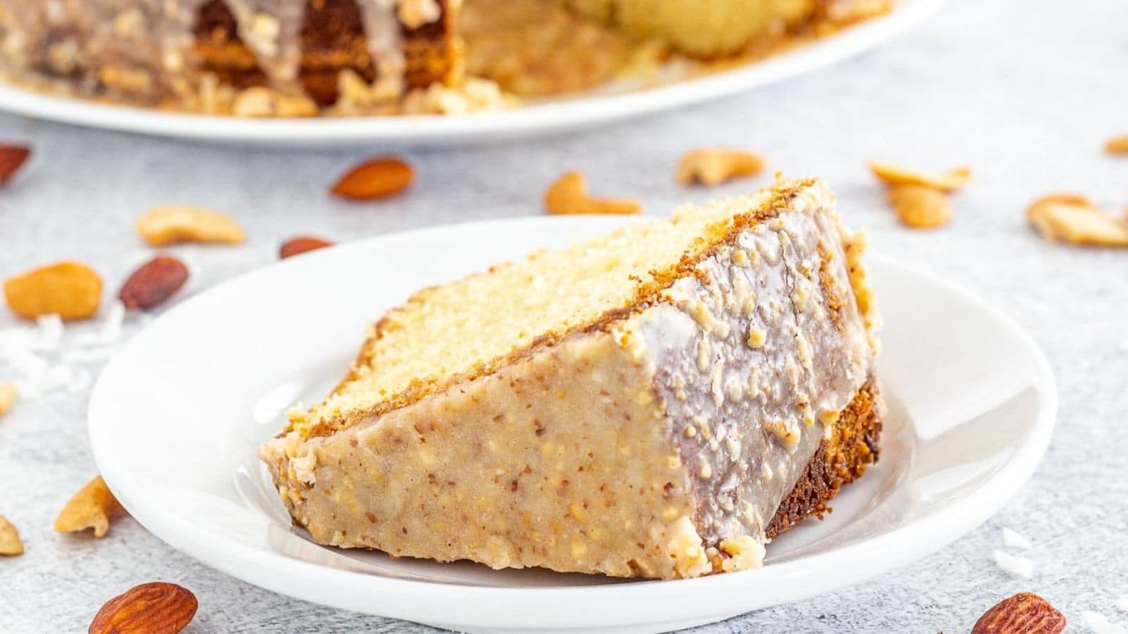 Slice of glazed cake on a plate