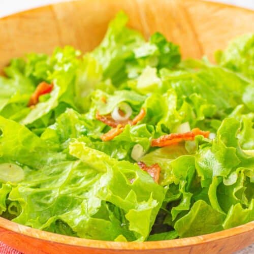 Wilted lettuce with bacon in a bowl