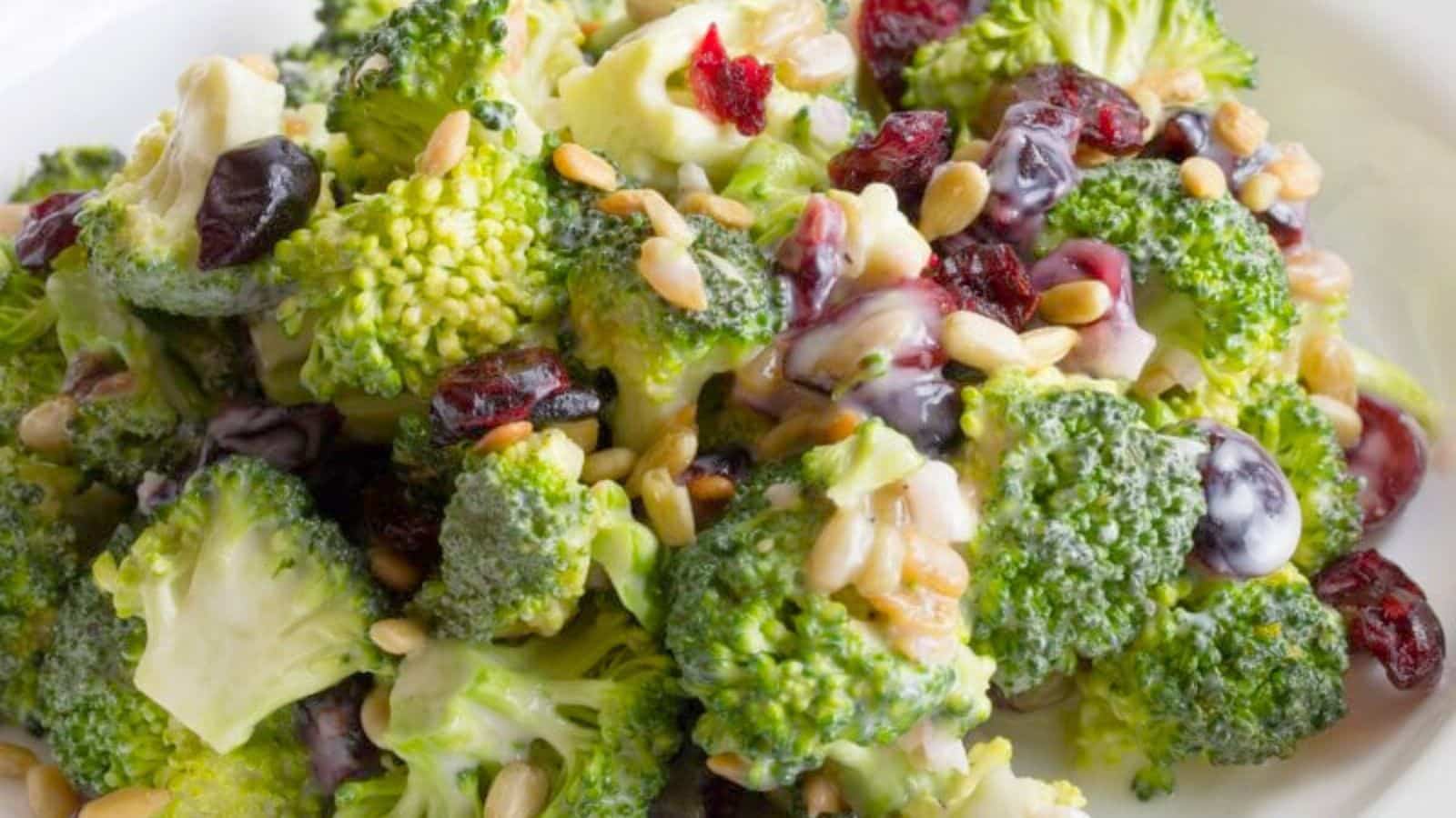 Broccoli with cranberries and sunflower seeds in a creamy dressing