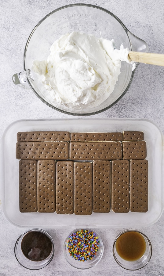 Homemade Whipped Cream ice cream sandwiches chocolate sauce sprinkles and caramel sauce in glass containers