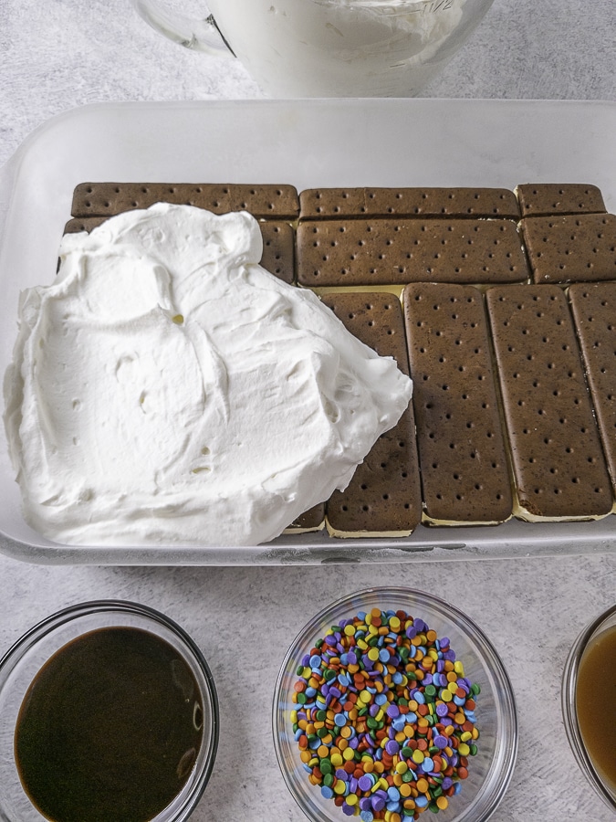 Making a cake out of ice cream sandwiches