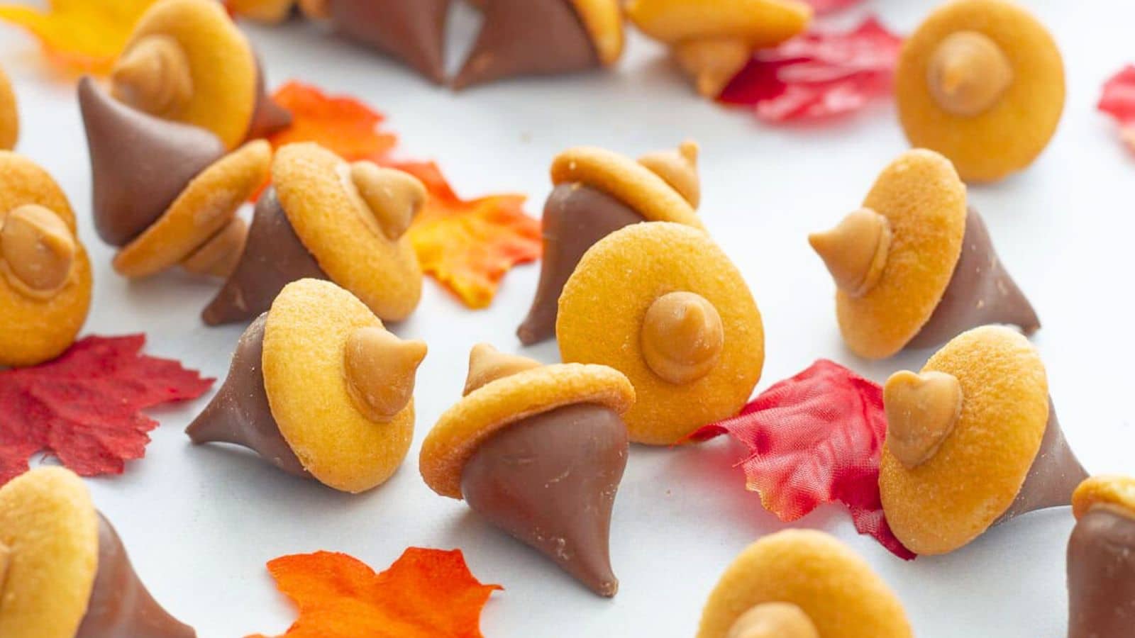 Candy acorns surrounded by leaves