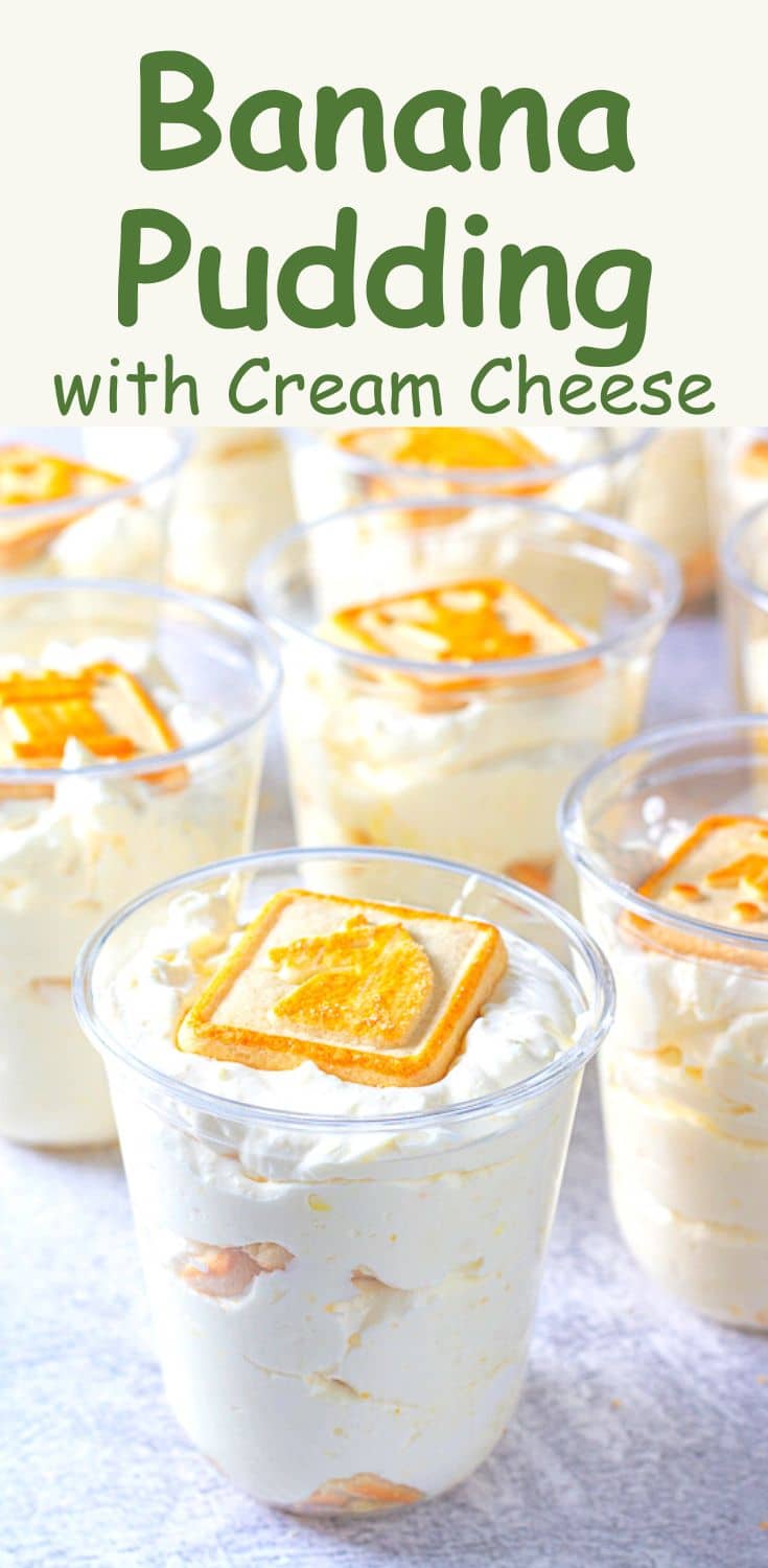 Banana Pudding topped with Chessmen cookies in disposable dessert cups