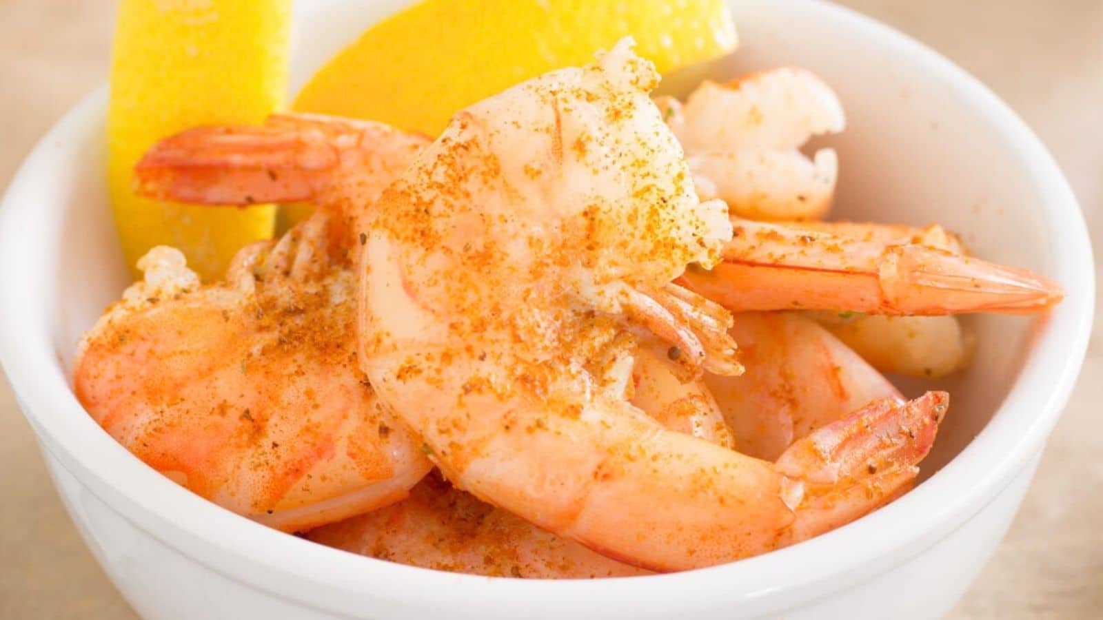 Shrimp dusted with Old Bay in a bowl with lemon wedges