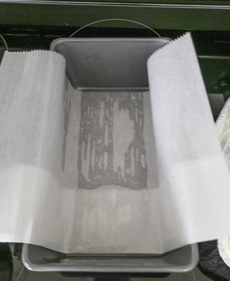 Loaf pan covered with parchment paper