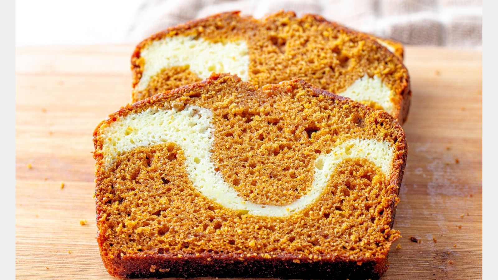 Slices of Pumpkin Bread with a cream cheese swirl