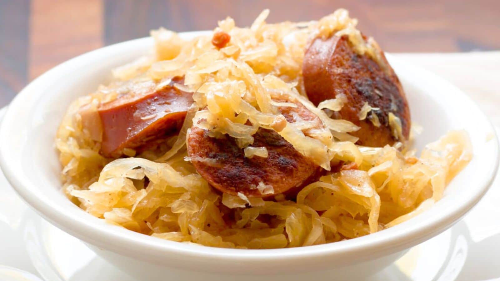 Kielbasa and sauerkraut in a bowl