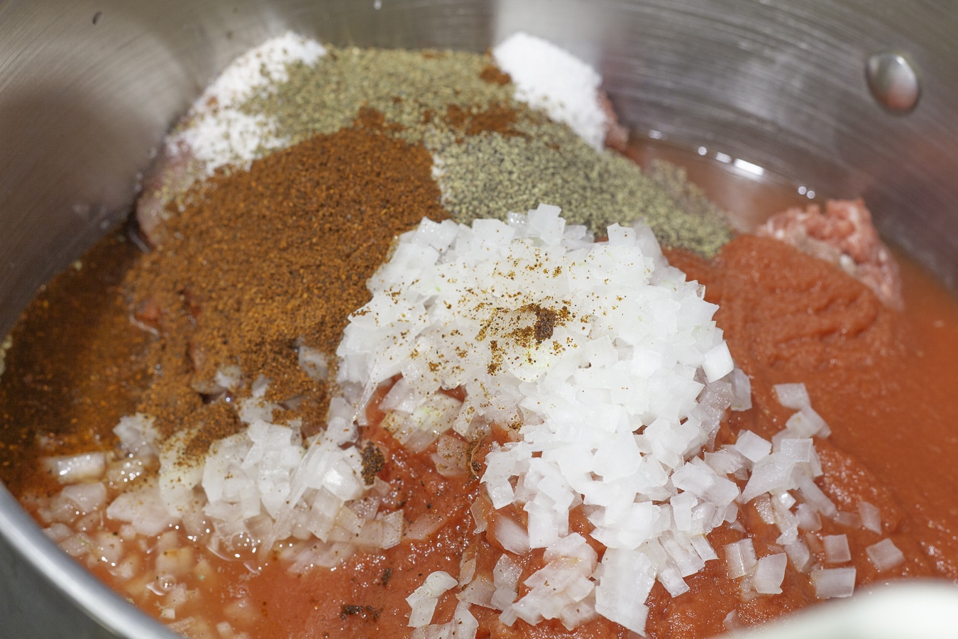 hot dog sauce ingredients in a pan