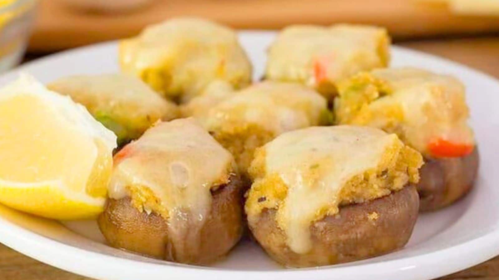 Stuffed Mushrooms covered with cheese on a plate with a lemon wedge