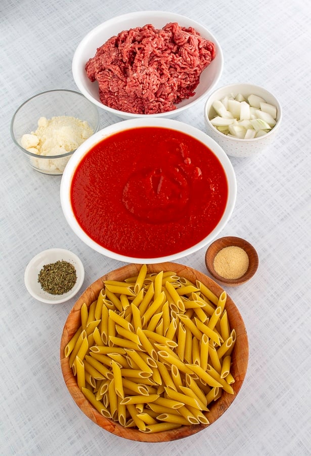 Ground beef, grated parmesan cheese, onions, tomato sauce, Italian seasoning, garlic powder, and pasta in bowls