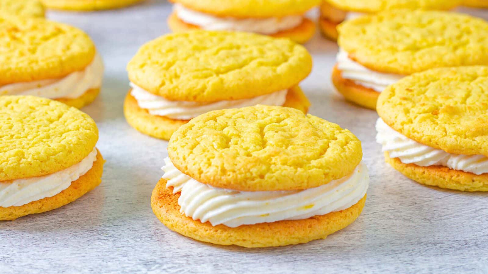 Lemon Sandwich Cookies on a countertop
