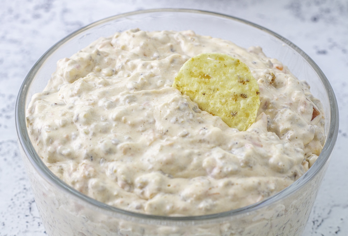 dip in a bowl with a chip in it