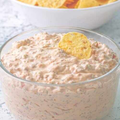 Cream cheese sausage rotel dip in a bowl topped with a tortilla chip