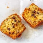 Banana muffins with chocolate chips cut in half