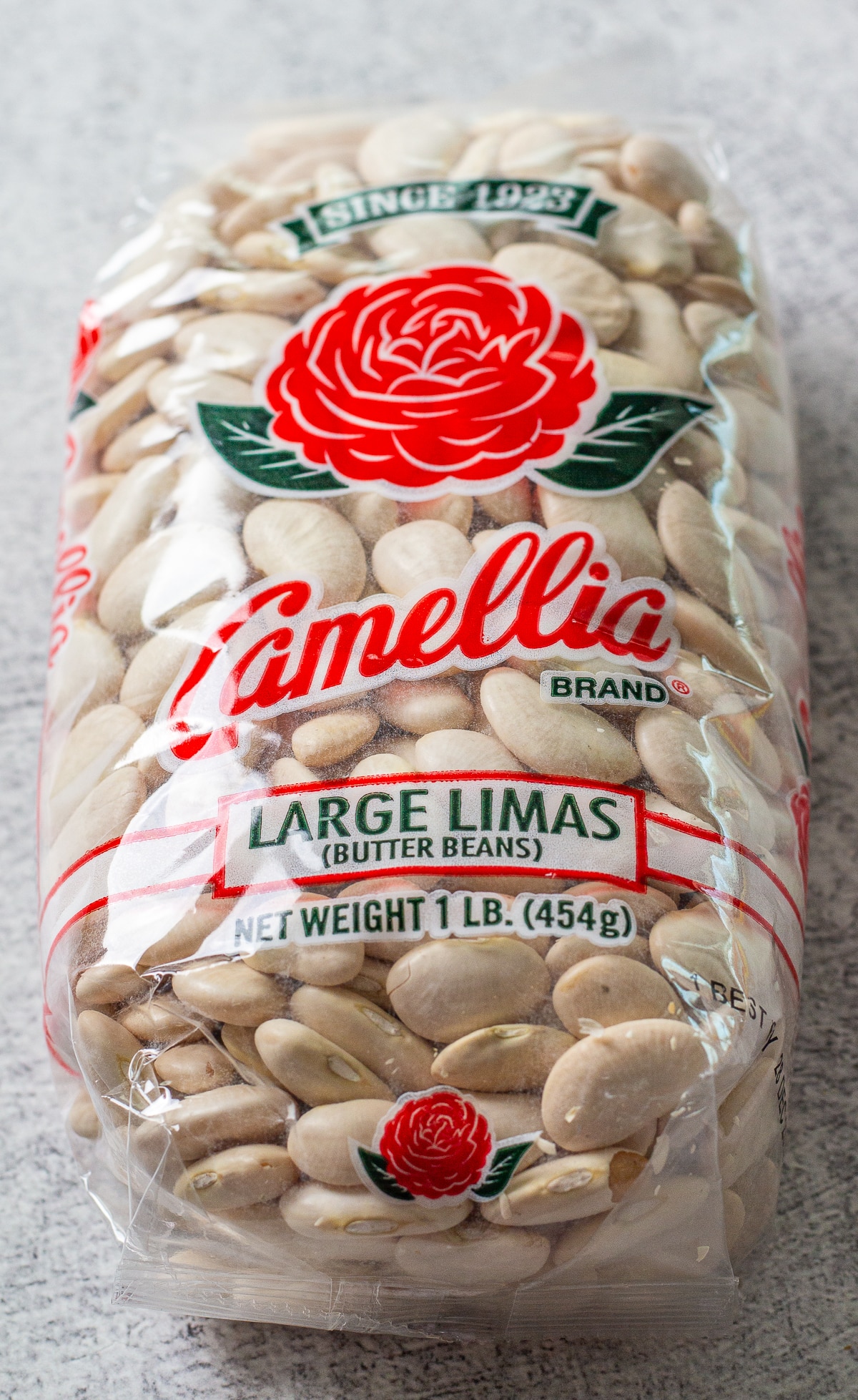 Bag of Camellia brand lima beans showing the bag says butter beans