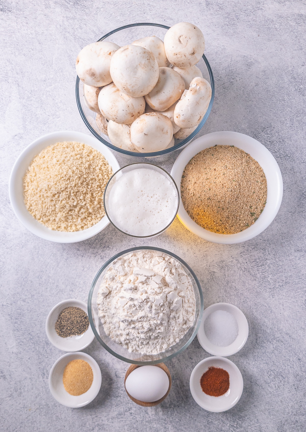 Ingredients for making deep fried mushrooms in bowls